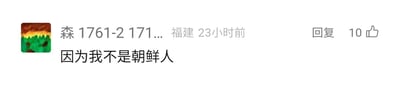 这是一张静态的社交媒体评论单图截图，截图呈现了某社交平台的一条用户评论内容。左上角是用户的像素风格头像，头像右侧展示了用户的部分昵称“森1761-2 171...”、用户所在地“福建”以及评论发布时间“23小时前”。头像下方是用户发布的评论内容“因为我不是朝鲜人”，界面右侧设有“回复”按钮，同时显示该评论获得了10个点赞。整个截图为常见的社交媒体评论区界面样式，不存在双关、谐音梗、暗示等特殊内容，也无政治性相关内容。