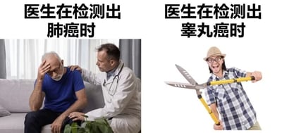 这是一张左右拼接的对比类搞笑梗图，左侧顶部配文“医生在检测出肺癌时”，对应画面为穿白大褂的医生坐在沙发旁，神色凝重地安抚着扶额、神情低落沮丧的老年男性患者；右侧顶部配文“医生在检测出睾丸癌时”，对应画面为一名戴着草帽和圆框眼镜的男子，满脸兴奋地举着一把大号的园艺修枝剪，呈张开裁剪的姿势。该梗图用夸张的反差表现调侃两种癌症治疗方式的差异，笑点在于睾丸癌的常规治疗方案包含切除患病部位，用大剪刀的画面将该治疗方式进行了戏谑化的夸张演绎，和发布者原文标题“我有两颗”形成呼应。