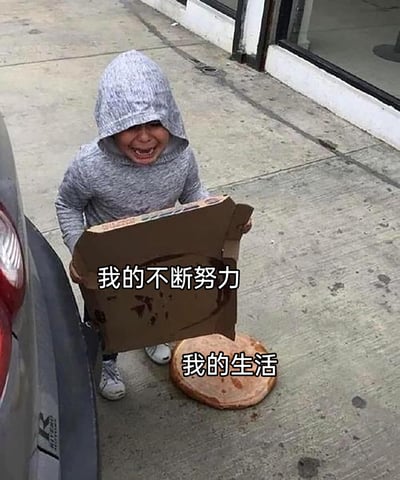 这是一张扎心的写实梗图，画面里一个穿着灰色连帽衫的小孩正崩溃大哭，双手捧着一个空的披萨盒，原本应该装在盒中的披萨掉落在地面上，沾满了污渍。图中用文字将手中的披萨盒标注为“我的不断努力”，将掉在地上的披萨标注为“我的生活”，用具象化的场景比喻个人付出的努力最终全部落空，生活变得一地鸡毛，精准戳中了当代人努力却得不到回报的挫败感，以搞笑又心酸的画面宣泄了对生活不如意的无奈情绪。