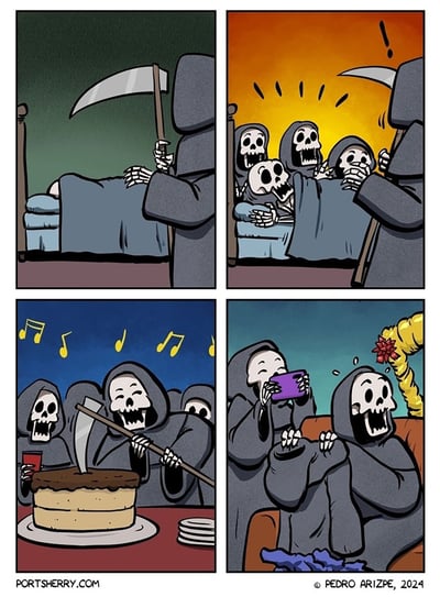 这是一则四格连环幽默漫画：
1. 第一格：手持镰刀的死神来到床边，伸手准备掀开被子，执行收割生命的任务；
2. 第二格：被子被掀开后，里面居然是一群躲在被子里的死神，看到来的死神后，双方都露出了惊讶的表情；
3. 第三格：场景切换到夜晚，这群死神开启了欢乐的派对，他们用镰刀当作工具切开蛋糕，周围飘着音符，氛围十分欢快；
4. 第四格：派对上，有的死神拿着手机拍照记录，还有的死神被派对彩炮喷出的装饰击中，大家都沉浸在派对的快乐之中。
漫画通过打破死神严肃恐怖的固有形象，用反转的场景制造出荒诞搞笑的效果。