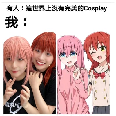 这是一张左右对比的Cosplay梗图，左边是两位戴着粉色和红色假发的真人coser亲密依偎，右边是与她们发型和神态高度相似的动漫角色。上方文字"有人：這世界上沒有完美的Cosplay 我："形成幽默对比，暗示这两位coser的扮相达到了与动漫角色几乎一致的完美程度。