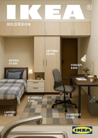 这张图片展示了一个典型的宜家风格卧室样板间，图片内每件主要家具均被标注名称和价格，包括床、地毯、衣柜、椅子、书桌等。整体空间简约实用，强调宜家家具的性价比和多样性选择。画面顶部有超大的“IKEA”LOGO和中文标语“给生活更多可能”，右下角有宜家商标，富有官方宣传册的风格，适合在家居布置、租房DIY、品质生活等语境下展示或传播。无明显谐音梗或双关，但整体氛围轻松温馨、极具现代感。