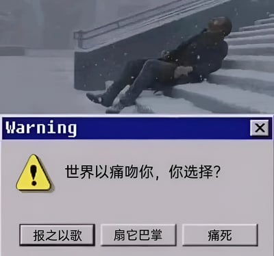 This meme combines a scene of a person falling down stairs in a snowy environment with a warning dialog box. The dialog asks '世界以痛吻你，你选择？' (The world kisses you with pain, what do you choose?) and provides three humorous options: '报之以歌' (Reply with a song), '扇它巴掌' (Slap it), and '痛死' (Die from pain). The meme uses sarcasm to reflect relatable life choices when facing difficulties.