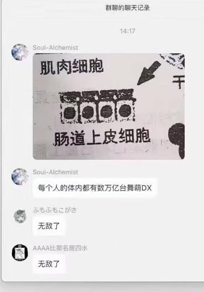 这是一张在QQ群聊天中创作的恶搞截图，内容包括一本细胞结构示意图，将肌肉细胞绘制得像舞萌DX街机的按键，搭配调侃评论“每个人的体内都有数万亿台舞萌DX”，让网友忍俊不禁。该图片利用了细胞排列与舞萌DX街机造型的巧妙相似性进行谐音与形象双关，是脑洞大开的网络二创。底下群友用“无敌了”表达笑点。整个氛围搞笑、轻松，带有ACG亚文化色彩。
