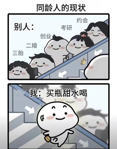 这是一张上下分栏的对比类梗图，用“人生阶梯”的视觉化场景呈现差异：上半部分里，多个卡通小人沿着楼梯向上走，各自对应着同龄人完成的“三胎”“二婚”“创业”“考研”“约会”等不同人生大事，展现出一种人生进度超前的状态；下半部分则是代表“我”的卡通小人，拿着甜水慢悠悠地走下楼梯，仅以“买瓶甜水喝”作为当下的小目标。通过强烈的反差对比，用自嘲的口吻调侃了部分年轻人与同龄人在人生节奏、追求上的巨大差异，精准戳中当下年轻人躺平、专注于微小幸福感的日常心态，图中无谐音梗、双关或暗示内容。