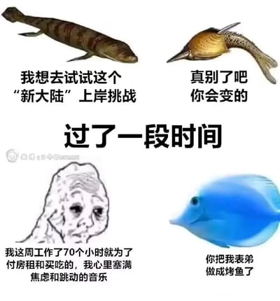 这是一张采用前后对比形式的连环梗图，以鱼类的变化隐喻当下“上岸”（指脱离自由状态进入职场体制内或稳定工作）的残酷现实。图的左上是一条普通鱼类，表达了想要尝试“新大陆上岸挑战”的向往；右上的变异鱼类则劝阻它，称“你会变的”。经过一段时间后，原本的普通鱼变成了面容疲惫、充满焦虑的拟人化形象，它抱怨“这周工作了70个小时就为了付房租和买吃的，我心里塞满焦虑和跳动的音乐”，生动展现了打工人被职场高压压榨的状态；右侧的蓝鱼则吐槽“你把我表弟做成烤鱼了”，用夸张的方式讽刺“上岸”后不仅自我被异化，还失去了原本的状态，引发打工人对职场疲惫生活的共鸣。