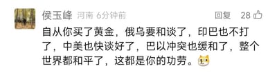 这是一张社交媒体评论截图，显示用户“侯玉峰”（河南）6分钟前发布的一条调侃内容，获得28个点赞。评论以夸张的语气称“自从你买了黄金，俄乌要和谈了，印巴也不打了，中美也快谈好了，巴以冲突也缓和了，整个世界都和平了，这都是你的功劳”，末尾附带一个黄色猫咪表情😼。通过将个人购买黄金的行为与国际局势缓和强行关联，制造出幽默反讽的效果。
