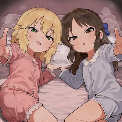 图中呈现了两位身着睡衣的二次元少女趴在床上的温馨场景：左侧金发绿眼少女穿着粉色睡衣，表情活泼愉悦，嘴角上扬，一只手向前伸出；右侧棕发棕眼少女穿着浅灰睡衣，脸颊带着红晕，神情腼腆害羞，同样伸手向前，仿佛在对着镜头索要拥抱或是自拍合影。柔软的床品作为背景，整体氛围治愈又暖心，完美展现了闺蜜间睡衣派对的轻松时刻。