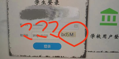 一张学生登录界面的截图，界面上有账号、密码和验证码输入框，验证码显示为"bd5S M"，并用红色线条和圆圈特别标注出来。右侧可以看到部分"学校用户登"的界面和绿色建筑图标。这张图通过夸张的标注方式，幽默地展示了看似奇怪的验证码内容。