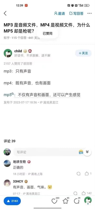 这是一张知乎平台的问答截图，提问者提出了一个趣味疑问：作为音频格式的MP3、视频格式的MP4，为何同名的MP5却是枪械。用户child给出了获得2157人赞同的高赞回答，用递进的幽默方式调侃：MP3只有声音，MP4兼具声音和画面，而作为枪械的MP5不仅有声音和画面，还能让人产生真实的体感，以此关联三者在不同领域的属性和带来的不同体验。评论区中，用户“地球生物”回复“正确的”表示认可，用户“33HCY”补充“有声音、画面、气味”进一步玩梗，该评论获得142个赞。整个内容充满趣味性，是对不同领域同名事物的创意调侃。