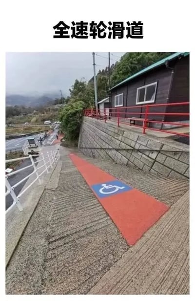 图片展示了一段户外的无障碍坡道，坡道表面为红色，中间印有蓝色的轮椅无障碍标识。坡道整体坡度非常陡峭，从高处延伸至下方的道路。图片顶部配有文字“全速轮滑道”，以幽默调侃的方式指出该坡道因过于陡峭，实际使用中可能无法起到无障碍通行的作用，反而更像是供人高速滑行的轮滑道，反映了对不合理无障碍设施设计的吐槽。