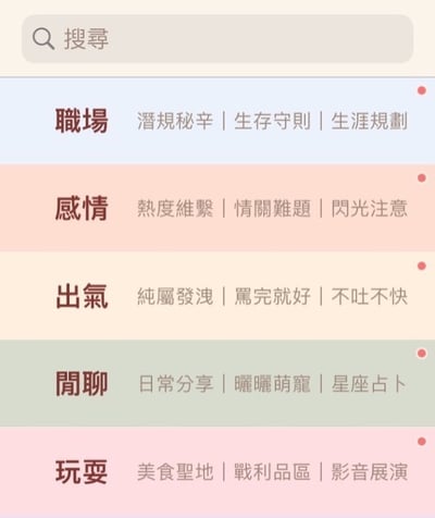图片顶部有一个灰色的搜索框，内有“搜尋”字样。下方分为五个彩色横向区块，每个区块顶部右侧有一个红色圆点。第一区块（浅蓝色）标题为“職場”，副标题“潛規秘辛 | 生存守則 | 生涯規劃”；第二区块（粉色）标题“感情”，副标题“熱度維繫 | 情關難題 | 閃光注意”；第三区块（米黄色）标题“出氣”，副标题“純屬發洩 | 罵完就好 | 不吐不快”；第四区块（浅绿色）标题“閒聊”，副标题“日常分享 | 曬曬萌寵 | 星座占卜”；第五区块（浅粉色）标题“玩耍”，副标题“美食聖地 | 戰利品區 | 影音展演”。整体为简洁的分类导航界面。