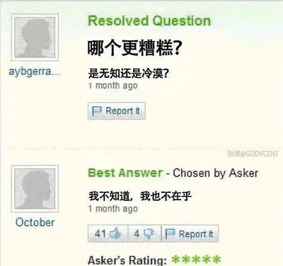 这是一张模仿问答类网站UI制作的趣味梗图，上方是提问者的问题：“哪个更糟糕？是无知还是冷漠？”，下方是被提问者选为最佳答案的回复：“我不知道，我也不在乎”。这个回复同时包含了“无知（不知道）”和“冷漠（不在乎）”两种状态，精准回应问题的同时制造出荒诞的幽默感，并且提问者还给出了五星好评，进一步强化了笑点，形成了一个巧妙的幽默闭环。
