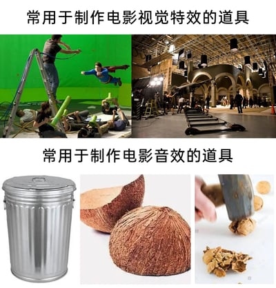 这是一张上下分栏的多图拼接科普图，上半栏标题为“常用于制作电影视觉特效的道具”，包含两张实拍图：左侧是绿幕拍摄场景，一名演员身着超人服饰模拟飞行姿态，多名工作人员手持绿色道具配合，还有工作人员在梯子上操作设备，以此来拍摄出超人飞行的视觉特效；右侧是影视棚内的专业拍摄设备，包含轨道、大型摄影器材等，用于拍摄需要移动镜头的视觉特效场景。下半栏标题为“常用于制作电影音效的道具”，包含三张道具图：金属垃圾桶可模拟金属碰撞类的音效，椰子壳是经典的马蹄声模拟道具，用工具压碎核桃的声音则可模拟电影中骨骼碎裂等类似的音效，这些低成本道具能精准还原电影中需要的各类音效。