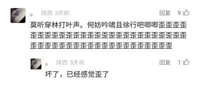 这是一张社交媒体评论区的静态截图，来自陕西的用户（昵称“。”）发布了两条关联的评论。第一条评论先引用宋代词人苏轼《定风波·莫听穿林打叶声》中的经典词句“莫听穿林打叶声。何妨吟啸且徐行”，随后重复了大量的“歪”字；第二条评论则点出“坏了，已经感觉歪了”，利用重复文字带来的视觉心理暗示，让观看者产生视觉上的“歪”的错觉，形成了有趣的文字玩梗效果。其中第一条评论获得9个点赞，第二条获得1个点赞。