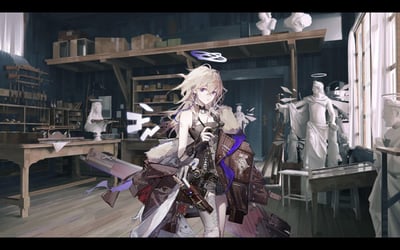 画面呈现了《明日方舟》世界观下的萨科塔族少女，她有着浅金色凌乱长发与紫蓝色眼眸，头顶悬浮着淡紫色光环，身着工装风带毛绒装饰的外套，手持改装枪械，身处摆满工具、木箱与萨科塔雕像的工坊内，右侧窗户的光线洒入，周围纸张飞散，营造出行动前的紧张干练氛围，背景中的雕像也带有萨科塔标志性的光环，呼应角色种族特征。