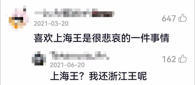 这是一张经过打码处理的社交媒体评论区截图，所有评论发布者的用户名和头像都被做了马赛克模糊处理；第一条评论发布于2021年3月20日，内容为“喜欢上海王是很悲哀的一件事情”，共获得647个点赞；第二条评论是对第一条的回复，发布于2021年6月20日，内容为“上海王？我还浙江王呢”，共获得162个点赞，内容玩了“海王”的地域谐音梗，充满趣味反差感。