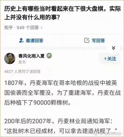 这是一张知乎问答页面的截图，页面显示的问题为“历史上有哪些当时看起来在下很大盘棋，实际上并没有什么用的事？”，该问题共有549个回答，用户“春风化雨入夏”的回答获得了4827个赞同，回答内容为：1807年丹麦海军在哥本哈根战役中被英国偷袭全军覆没，为重建海军，丹麦战后种植了9万棵橡树，200年后的2007年橡树成材，林业局通知海军可以采伐树木建造战舰，但此时木质战舰早已被现代海军淘汰，这份当初的长远规划最终失去了实际价值，内容充满反差的幽默感。