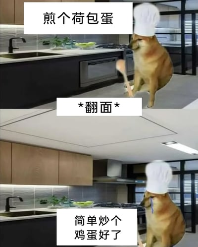 这是一张由两张图片拼接而成的搞笑拟人梗图，第一张图中，一只被P上白色厨师帽的柴犬身处现代风格的厨房内，手持木锅铲，配文“煎个荷包蛋”，摆出认真烹饪的姿态；第二张图将厨房视角完全反转，柴犬出现在原本是天花板的位置，对应配文“*翻面*”和“简单炒个鸡蛋好了”，用视角反转的荒诞方式，调侃柴犬煎蛋时把鸡蛋“翻”到了天花板上，只能假装在天花板的厨房中炒鸡蛋，通过动物拟人化和违背常理的场景设计，制造出滑稽搞笑的效果，用来调侃日常中类似的“翻车”小事。