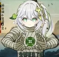 这是一张针对游戏《原神》角色纳西妲的P图改编表情包，将原本的草神形象修改为被绷带缠绕的木乃伊造型，角色双手在胸前比出框状，中间添加了监控样式的图标，底部配有字幕“全都看见了哦”，左侧竖排标注角色名称“纳西妲小吉祥草王”，整体用戏谑的方式表现出“被监控、无所遁形”的感觉，适合用来调侃他人的秘密被发现的场景。