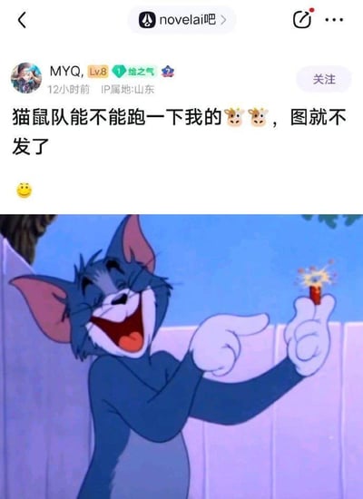 这是一张图文结合的趣味梗图，上半部分是百度贴吧「novelai吧」的用户帖子截图：用户「MYQ」（等级Lv.8，IP属地山东）发布内容「猫鼠队能不能跑一下我的🙇🙇，图就不发了」，末尾附带微笑表情；下半部分是经典动画《猫和老鼠》里汤姆猫的截图，汤姆一脸兴奋大笑，双手做出类似递东西的姿势，手指间夹着一个已经点燃引线的鞭炮。这里的「猫鼠队」指用《猫和老鼠》的画风进行AI绘图，「跑图」是AI绘图圈的术语，指用AI生成图像。用户说「图就不发了」结合汤姆拿鞭炮的表情包，是玩梗暗示自己的图可能是「炸图」（AI生成的失败或奇怪的图），或是用鞭炮的危险感调侃不想放出原图，属于AI绘图社群里的趣味玩梗内容。