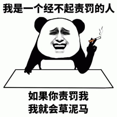 图片中是一个经典的熊猫头表情包，熊猫头表情悲伤，双眼下垂，嘴巴大张像是在哭泣，右手夹着一支点燃的香烟，身体前倾趴在一张桌子上。图片上方有文字“我是一个经不起责罚的人”，下方有文字“如果你责罚我 我就会草泥马”，整体通过夸张的表情和直白的文字形成一种幽默又带点挑衅的效果。