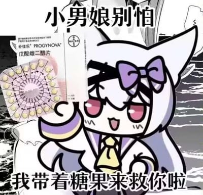 图片中有一个戴着紫色蝴蝶结的猫耳卡通角色，角色面带笑容，手持一盒戊酸雌二醇片。图片上方有文字“小男娘别怕”，下方有文字“我带着糖果来救你啦”。这里存在明显的双关和暗示，将戊酸雌二醇片（一种激素类药物）戏称为“糖果”，形成一种幽默的表达。