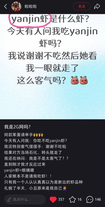 这是一张社交平台帖子截图，整体分为上下两部分：上半部分为浅蓝色背景，发布者用粉色圆圈标注出“yanjin虾”字样，疑惑询问yanjin虾是什么虾，讲述有人问自己吃不吃yanjin虾，自己客气谢绝后对方看了自己一眼就离开，发布者当时还误以为对方太客气，搭配了两个带问号的疑惑表情。下半部分为黑色背景的补充说明，发布者自嘲是2G网，解释后续才反应过来“yanjin虾”是“眼睛瞎”的谐音，对方并不是要请自己吃虾，而是在骂人，只有自己误以为是新的虾品种，闹了笑话，最后自嘲“小丑原来是我自己”。截图底部显示该帖子互动数据为点赞357、收藏16、评论146。
