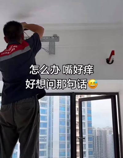 这是一张网络热门梗图，画面主体是一名身穿工服的安装师傅背对镜头，正在室内墙面安装家电的金属挂架，背景是高层住宅的落地窗和窗外的其他居民楼。图上叠加了配文“怎么办 嘴好痒 好想问那句话😅”，对应的是网络上广为流传的搞笑梗：看到正在从事对应工作的人员时，故意提问“师傅你是做什么工作的”这种明知故问的废话，以此制造无厘头的调侃效果。