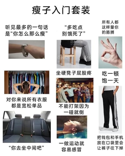 这是一张以「瘦子入门套装」为主题的共鸣类梗图，通过9组图文搭配的形式，生动列举了瘦子在生活中经常遇到的场景：
1. 常被旁人念叨「你怎么那么瘦」「多吃点别饿死了」
2. 别人会用手比量自己的胳膊
3. 所有衣服穿起来都是宽松单品
4. 坐硬凳子会屁股疼
5. 吃一顿饭就能饱一天
6. 坐车时会被安排坐中间位置
7. 打架一碰就倒，根本没法参与
8. 一做运动就容易感冒
9. 口袋放钱包手机会让裤子往下掉
这些内容精准贴合瘦子的日常经历，引发强烈共鸣，十分搞笑。
