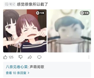 这是一张社交平台的用户自制对比梗图，左侧是动画《偶像大师 闪耀色彩》中的场景：黛冬优子愤怒地扯着白濑咲耶的脸，咲耶的脸被扯得变形，露出痛苦委屈的表情；右侧是一个现实中的水壶，壶盖的形态和被扯脸的咲耶的面部神态高度相似，网友捕捉到这个巧合制作了对比图，画面十分滑稽搞笑。图顶配有文字'感觉很像所以截了'，该内容获得125个点赞。