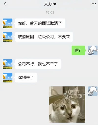 这是一张竖屏手机格式的微信聊天记录静态截图，对话发生在公司人力HR与一位求职者之间。HR首先告知求职者后天的面试取消，紧接着直白地给出取消原因“垃圾公司，不要来”，求职者回复疑惑的“啊？”后，HR继续表示“公司不行，我也不干了”并再次强调“你别来了”，求职者随后发送一张带有数学公式、表情震惊的猫咪表情包，传递出自己错愕、不知所措的情绪。这段对话展现了HR在离职前毫无保留地吐槽公司问题，主动劝退求职者的职场趣事，充满真实的职场吐槽感，容易引发职场人的共鸣。