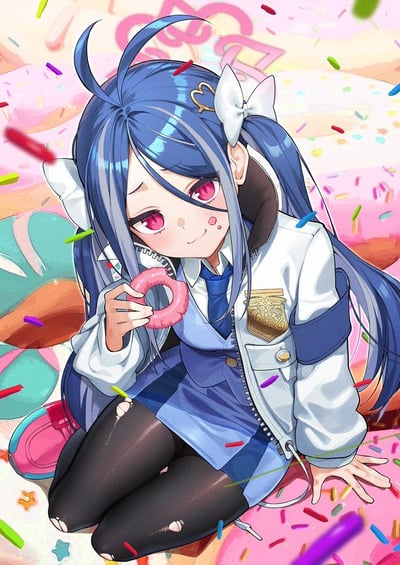 画面呈现了一位蓝发双马尾的二次元少女，她身着带有金色校徽的白蓝拼接制服，搭配破洞黑丝，跪坐在铺满甜甜圈与彩色糖屑的甜美场景中。少女手持粉色甜甜圈，脸颊沾有点心碎屑，眼神软萌羞涩，一只手撑在地面，周围散落的彩色糖屑为画面增添了活泼的氛围，整体风格甜美治愈，充满元气感。