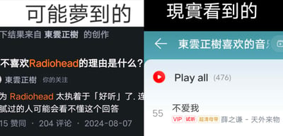 这是一张左右分栏的对比梗图，左侧是「可能梦到的」场景：用户「東雲正樹」在问答平台回答“不喜欢Radiohead的理由”，称该乐队太执着于「好听」，摆出小众音乐爱好者的姿态；右侧是「现实看到的」场景：该用户的音乐平台喜欢列表里，出现了薛之谦的《不爱我》，这种前后矛盾的音乐喜好形成强烈反差，用来讽刺那些假装小众、实则喜欢大众流行音乐的人设崩塌现场，充满搞笑与讽刺感。