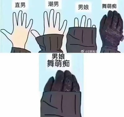 这是一张调侃不同男性群体外在特征的ACG梗图，上排依次展示四类群体的手部状态：
1. 直男：露出完整的手，无遮挡；
2. 潮男：用长袖遮住大部分手，仅露出几根手指；
3. 男娘：长袖几乎完全遮挡手部，只露出指尖；
4. 舞萌痴：戴着音游《舞萌（MAIMAI）》的专用手套，露出整只手。
下排将男娘和舞萌痴的特征结合，手套被长袖完全遮住，玩了两者特征叠加的自嘲梗，用夸张的表现形式调侃不同群体的标志性外在行为。