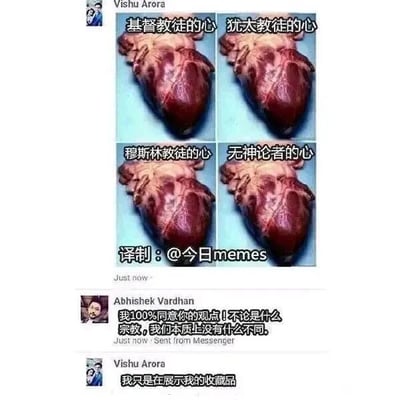 这是一张经过译制的海外社交媒体截图，内容分为两部分。上方是用户Vishu Arora发布的帖子，将四张完全一致的心脏图片进行拼接，分别为每张图片标注“基督教徒的心”“犹太教徒的心”“穆斯林教徒的心”“无神论者的心”，图片下方有译制标识“译制：@今日memes”。下方是其他用户的互动内容：用户Abhishek Vardhan看到帖子后，误以为发布者是在表达“不同信仰的人本质上没有区别”的观点，评论道“我100%同意你的观点！不论是什么宗教，我们本质上没有什么不同。”，而发布者Vishu Arora则回复“我只是在展示我的收藏品”，形成了强烈的反差幽默，打破了评论者的常规预期，制造出趣味效果。