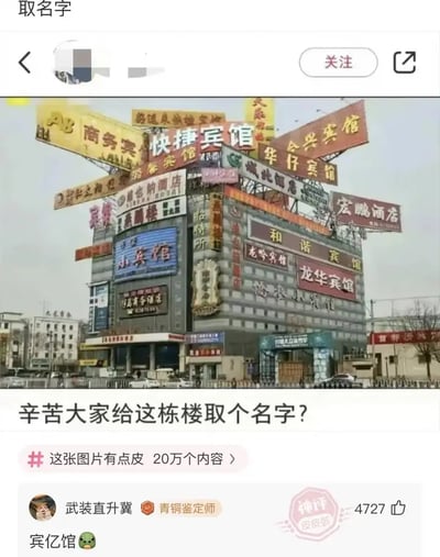 这张图片展示了一栋楼体外墙密密麻麻挂满了各种类型的宾馆、酒店、旅店、旅馆的招牌，看起来极其混乱且信息过载。配图评论区请网友给这栋楼取名字，一位网友用谐音梗回复“宾亿馆”（谐音“殡仪馆”），引发大量点赞。整图充满调侃和幽默氛围，多种招牌密集排布给人强烈的视觉冲击，吐槽了部分商业综合体广告招牌过度的现象。**图片里“宾亿馆”借用了“殡仪馆”的谐音梗，属于典型的网络幽默。**
