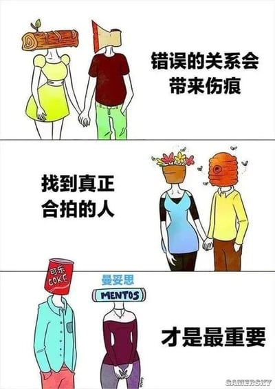 这是一幅由三部分组成的连环卡通图，通过将人物头部替换为不同物品的趣味比喻，来阐述恋爱关系的不同状态。第一部分中，一对牵手的卡通男女头部分别是带新芽的劈开木头和带缺口的木板，配文“错误的关系会带来伤痕”，比喻不合适的亲密关系会让双方都像破损的木材一样留下伤害；第二部分里，另一对牵手的男女头部变为生长着鲜花的花盆和吸引蝴蝶的蜂巢，配文“找到真正合拍的人”，代表契合的伴侣会让彼此都能在关系中获得滋养，呈现出积极的状态；第三部分的一对男女头部是可口可乐罐和曼妥思糖果的包装，配文“才是最重要的”，这里运用了可乐加曼妥思会产生剧烈趣味反应的常识，比喻真正合拍的伴侣在一起会产生奇妙的化学反应，是最值得珍惜的关系。整幅图用幽默直观的卡通比喻，传递了关于选择合适亲密关系的情感理念。