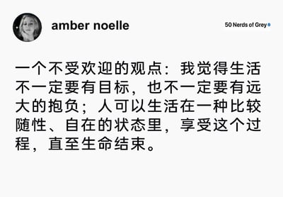 这是一张海外社交媒体平台的静态截图，整体为白底黑字的图文混排形式。左上角是发布者amber noelle的黑白头像，右上角标注了其所属账号“50 Nerds of Grey”。截图核心内容是amber noelle提出的一个“不受欢迎的观点”：主张生活不必设定明确目标与远大抱负，人可以保持随性、自在的状态，专注于享受生活的过程，直至生命终结。该观点打破了“人生必须有目标追求”的常规认知，传递出一种松弛的生活态度。