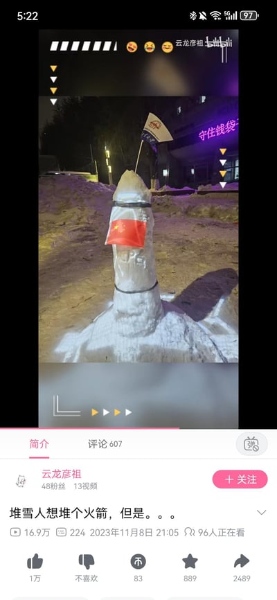 这是哔哩哔哩用户“云龙彦祖”的视频截图，视频标题为“堆雪人想堆个火箭，但是。。。”，内容是作者原本计划堆出火箭造型的雪人，但最终成品的形态因形似男性私密部位而显得格外尴尬。雪人顶部插有北京大学的校旗，中部贴有中国国旗，背景是夜晚的户外雪地场景，建筑外墙上有“守住钱袋”的紫色霓虹灯标语。该视频记录了一次失败的创意堆雪人经历，因造型的反差感产生了搞笑效果，在B站获得了16.9万播放量。