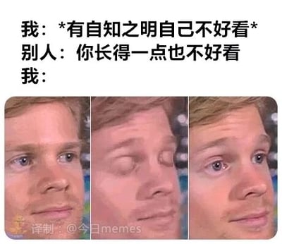 这是一张图文混排的连环梗图，上方文字构建了一个极具共鸣的日常社交场景：自己可以带着自嘲的心态表示“有自知之明自己不好看”，但当别人直白地说出“你长得一点也不好看”时，瞬间会产生不爽又无语的情绪。下方通过三张连续的人物表情截图，精准还原了这种情绪的递进：第一张人物表情平静，对应自己自嘲时的放松心态；第二张人物闭眼，一脸被噎住的无语神态；第三张人物睁眼，眼神带着明显的不满与不爽，完美诠释了“我可以自我调侃，但旁人不能顺着话茬打击我”的微妙心理，既搞笑又真实地戳中了日常社交中的小情绪。