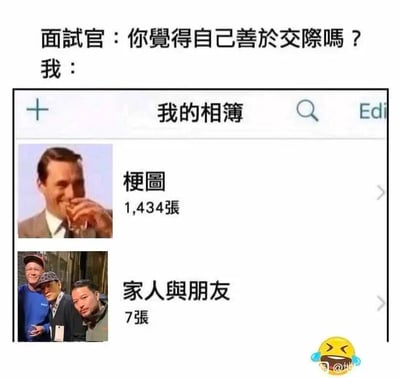 这是一张针对职场面试场景创作的搞笑梗图，图中上方设置了面试官的提问场景：面试官询问面试者“你觉得自己善于交际吗？”，下方则是面试者用手机相册截图给出的回应。截图显示，相册里“梗图”分类下有1434张图片，而“家人与朋友”分类下仅有7张图片。通过这种巨大的数量反差，幽默地讽刺了部分年轻人看似“善于交际”，实则依赖网络梗图进行线上社交，现实中与家人朋友的线下社交极为匮乏的现状，用夸张且具象的方式回应了面试官的问题，充满了诙谐的反差感，精准戳中当代年轻人的社交痛点。