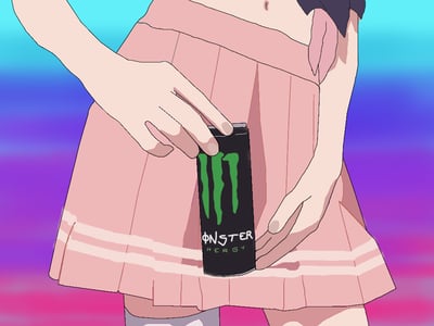 Anime-style illustration of a girl wearing a pink pleated skirt holding a black Monster Energy drink can against a blue-to-purple gradient background.