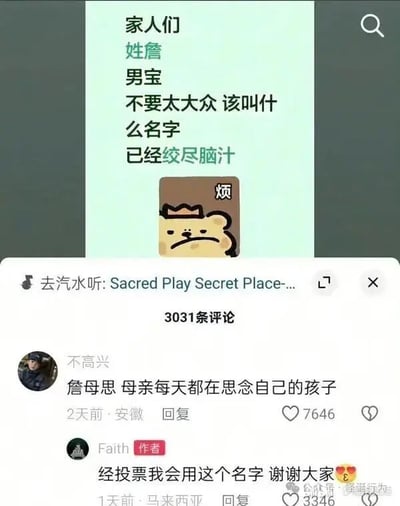 这是一张中文社交平台的截图，上半部分是用户发布的求助帖，称要为詹姓男宝取一个不大众的名字，自己已经绞尽脑汁，还搭配了一个头顶写有“烦”字的烦躁小熊表情包表达苦恼；下半部分是评论区，网友“不高兴”给出取名建议“詹母思”，既寓意母亲每天思念孩子，又谐音知名篮球运动员詹姆斯，趣味十足获得高赞，发帖人回复表示经过投票决定采用这个名字，感谢网友的建议。