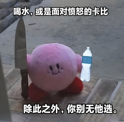 图片中展示了一个粉色的卡比毛绒玩具，它面带微笑地坐在地面上。卡比的左侧放着一把刀刃朝上的刀，右侧则是一瓶矿泉水。图片上方有文字“喝水，或是面对愤怒的卡比”，下方文字为“除此之外，你别无他选”。整体通过可爱的卡比形象与刀的威胁感形成反差，营造出一种幽默的“被迫选择”情境，让观众在轻松的氛围中感受到戏谑的趣味。