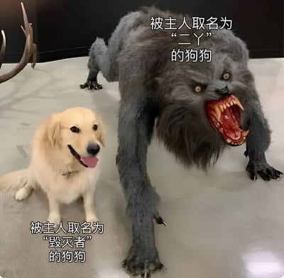 图片左侧是一只毛色金黄的金毛犬，表情温顺开心，正吐着舌头坐着；右侧是一个外形凶猛的灰黑色狼形生物，眼睛赤红，嘴巴大张露出尖锐獠牙，姿态极具攻击性。图片通过文字标注形成强烈反差：左侧狗狗被取名为普通的“二丫”，右侧凶猛生物却被取名为霸气的“毁灭者”，幽默地展现了宠物名字与外貌的有趣错位。