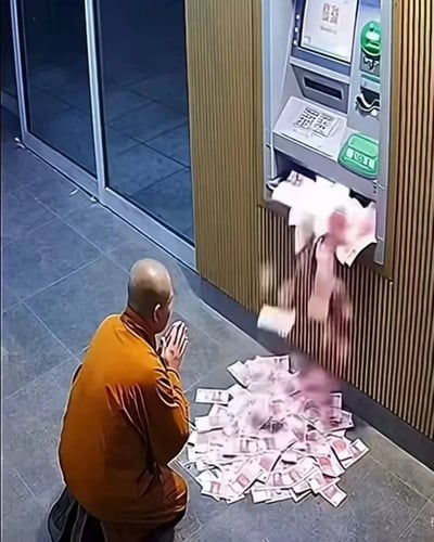 一名身穿橙色僧袍的光头僧人跪在ATM机前，双手合十呈祈祷姿势。ATM机出钞口有大量人民币钞票涌出，散落在地面上。画面左侧是玻璃门，右侧是金色条纹装饰的墙壁，整体场景呈现出一种宗教虔诚与物质财富之间的戏剧性对比。