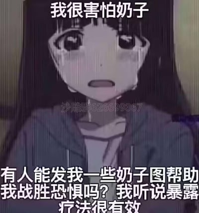 图片中是一个有着长发和大眼睛的动漫女孩，她表情悲伤，眼中含泪，看起来非常害怕。图片上方有文字“我很害怕奶子”，下方有文字“有人能发我一些奶子图帮助我战胜恐惧吗? 我听说暴露疗法很有效”。这是一个带有幽默和讽刺意味的梗图，通过矛盾的表述制造笑点：声称害怕却又请求相关图片。