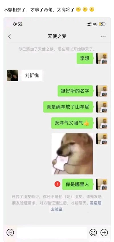 这是一张竖屏的微信聊天记录截图，上方配有发布者的吐槽文字“不想相亲了，才聊了两句，太高冷了😤😤😤”。聊天内容显示，相亲双方刚添加好友，男方李想先告知自己名字，女方刘忻悦回复自己的名字后，李想先夸赞名字好听，接着用“绵羊放了山羊屁，既洋气又骚气”的谐音梗进行调侃，还发送了一个狗狗表情包，随后李想问“你是哪里人”时，收到了微信系统提示，显示自己已被女方删除好友，需要重新发送朋友验证。实际上是男方的发言在刚认识的相亲场景中过于轻佻、不礼貌，导致女方直接删除好友，但男方却认为是女方高冷，没有意识到自身问题，呈现出一个典型的相亲聊天翻车的尴尬瞬间。