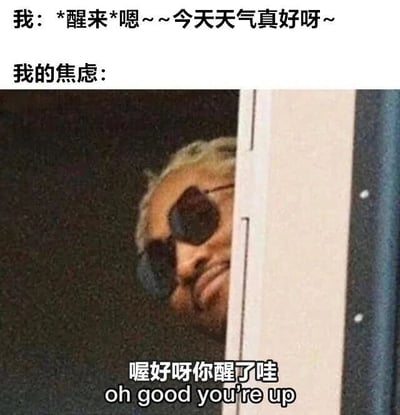 图片上半部分文字为“我：*醒来*嗯~~今天天气真好呀~~”，表达刚睡醒时轻松愉悦的心情；下半部分是“我的焦虑：”加上一张真人从门后偷偷探出头的照片，照片下方配有文字“喔好呀你醒了哇 oh good you're up”。通过这种反差对比，幽默地展现了积极情绪刚出现就被焦虑“盯上”的场景，用拟人化的方式将抽象的焦虑具象化为一个突然出现的窥视者。